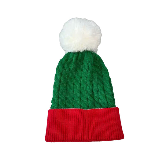 Christmas Big Pom-Pom Knitted Hat ¨C Red and Green Colorful Twisted Yarn Hat