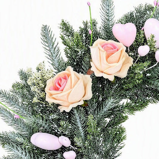 Pink garland; artificial champagne-colored roses