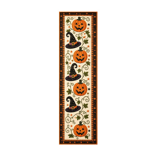 Halloween table flags and tablecloths; Halloween pumpkin-print table flags; festive party home decor table linens