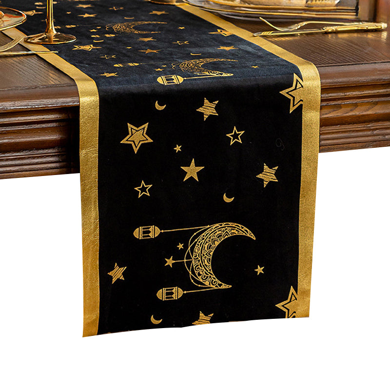 Atmospheric long decorative tablecloth ¨C velvet with gold foil embossing, ideal for party tables