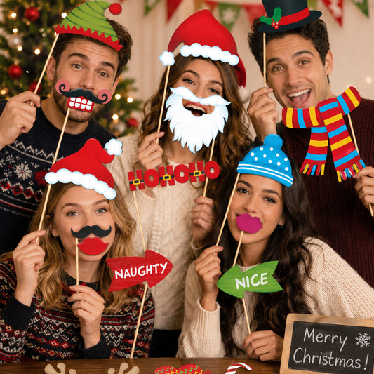 36-Piece Christmas-Themed Paper Photo Booth Prop Set ¨C Includes Santa Claus, Snowballs, and More (Handheld)