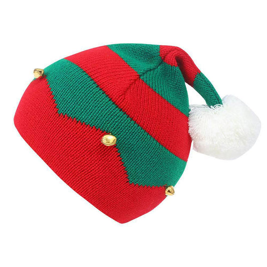 Knitted Christmas hat, woolen hat, festive party attire, bell-and-pom-pom hat, Christmas pom-pom knitted hat