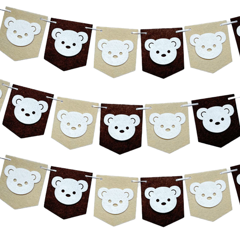 Banners, teddy bear birthday flags, decorative background wall, party floral arrangements