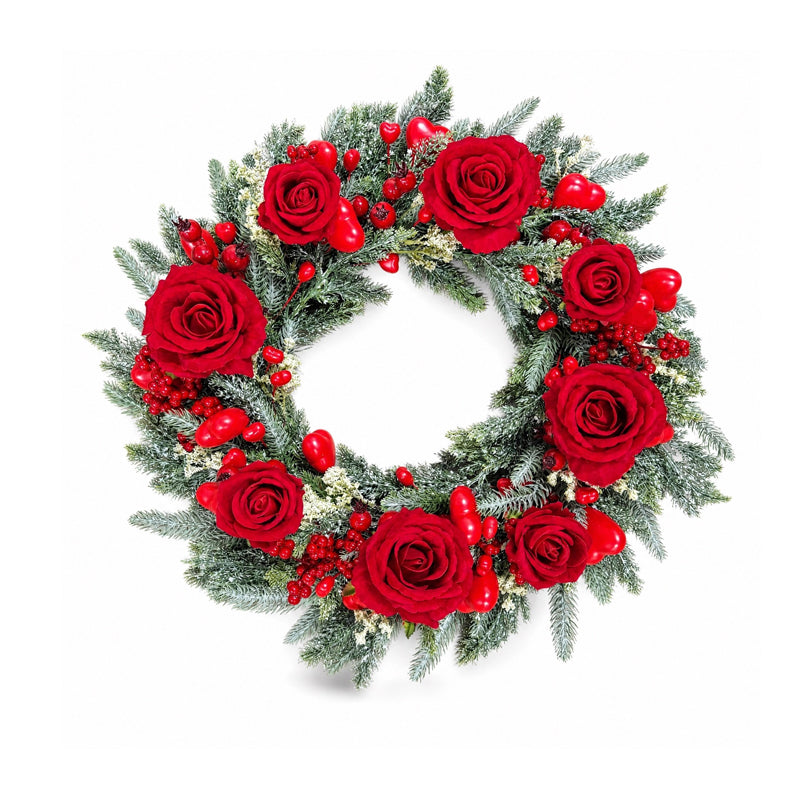 Simulated red rose heart-shaped garland
