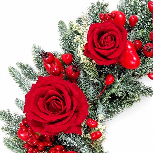 Simulated red rose heart-shaped garland