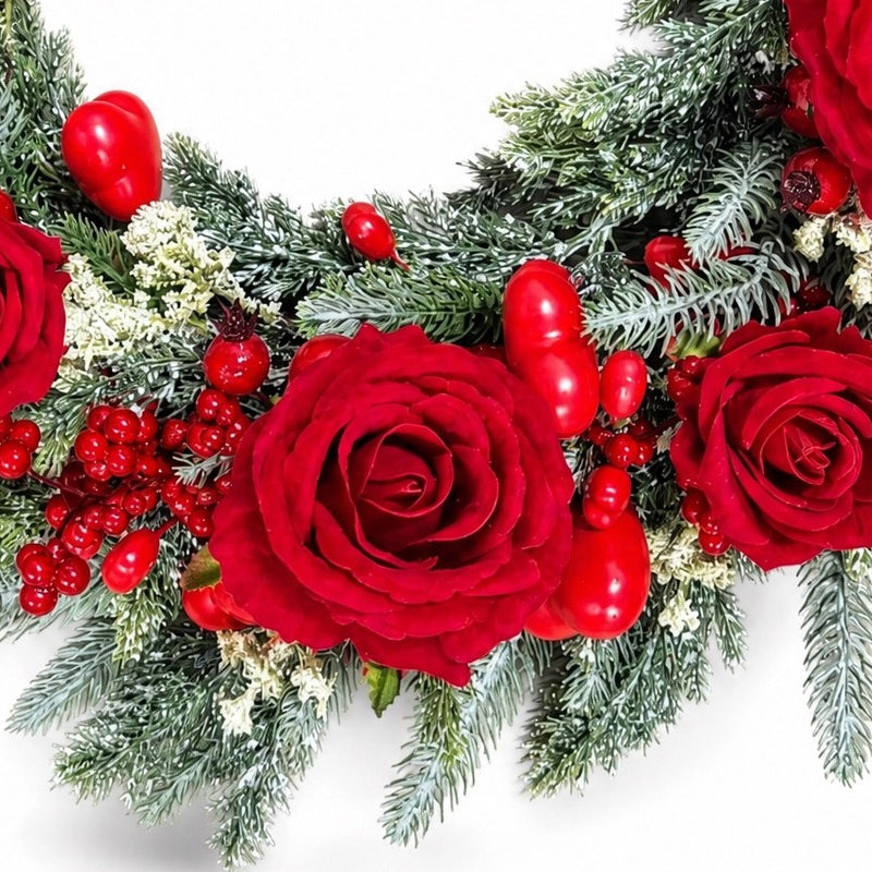 Simulated red rose heart-shaped garland