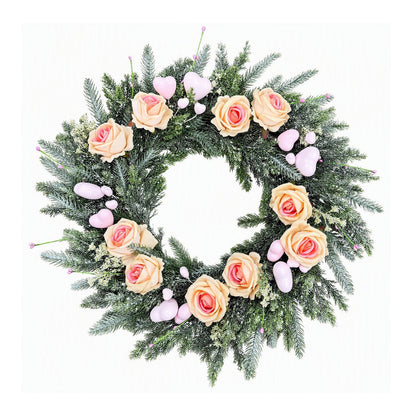 Pink garland; artificial champagne-colored roses