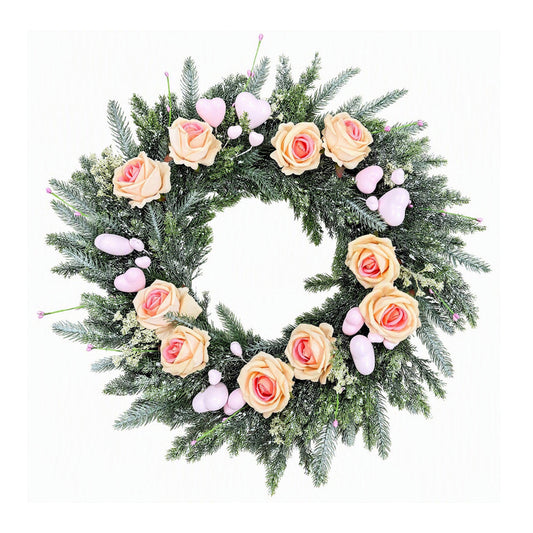 Pink garland; artificial champagne-colored roses