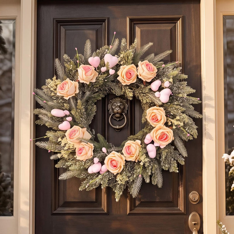 Pink garland; artificial champagne-colored roses