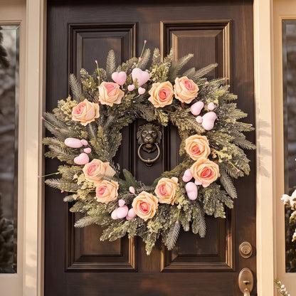 Pink garland; artificial champagne-colored roses