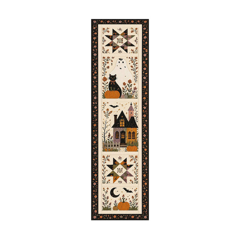 Halloween table flags and tablecloths; Halloween pumpkin-print table flags; festive party home decor table linens