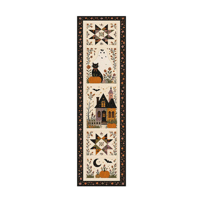Halloween table flags and tablecloths; Halloween pumpkin-print table flags; festive party home decor table linens
