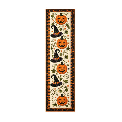Halloween table flags and tablecloths; Halloween pumpkin-print table flags; festive party home decor table linens