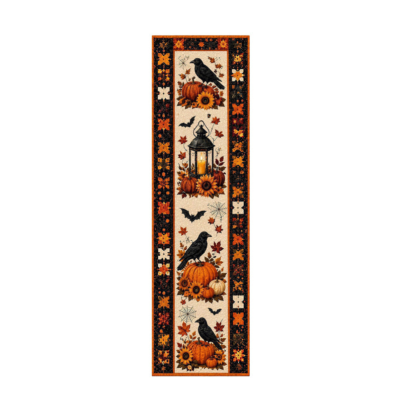 Halloween table flags and tablecloths; Halloween pumpkin-print table flags; festive party home decor table linens