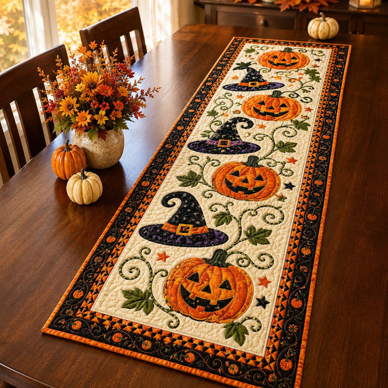 Halloween table flags and tablecloths; Halloween pumpkin-print table flags; festive party home decor table linens