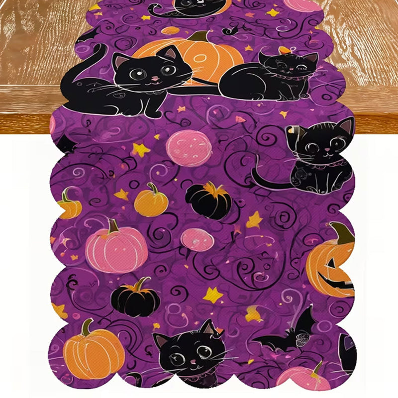 Black Cat Pumpkin Tablecloth ¨C Ruffled Edge, Purple-toned Holiday Decorative Fabric Tablecloth