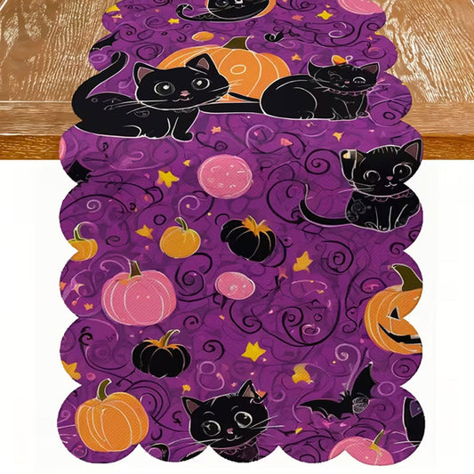 Black Cat Pumpkin Tablecloth ¨C Ruffled Edge, Purple-toned Holiday Decorative Fabric Tablecloth