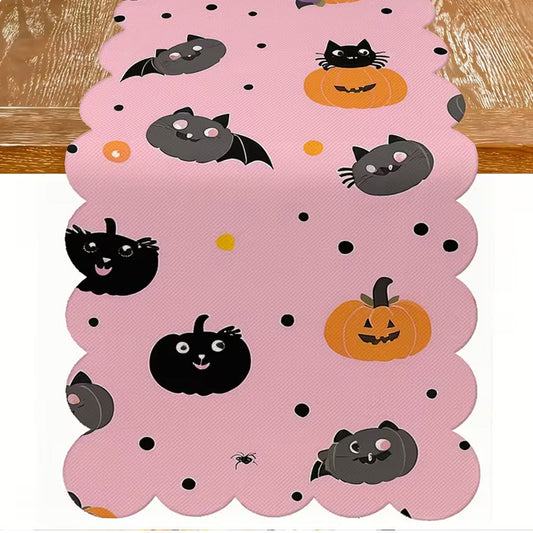 Black Cat Pumpkin Tablecloth ¨C Ruffled Edge, Purple-toned Holiday Decorative Fabric Tablecloth