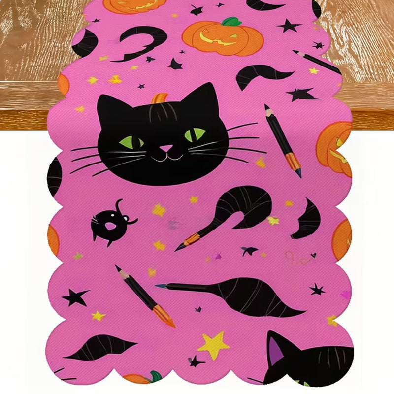 Black Cat Pumpkin Tablecloth ¨C Ruffled Edge, Purple-toned Holiday Decorative Fabric Tablecloth