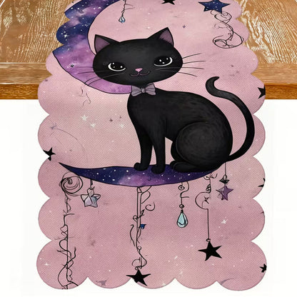 Black Cat Pumpkin Tablecloth ¨C Ruffled Edge, Purple-toned Holiday Decorative Fabric Tablecloth