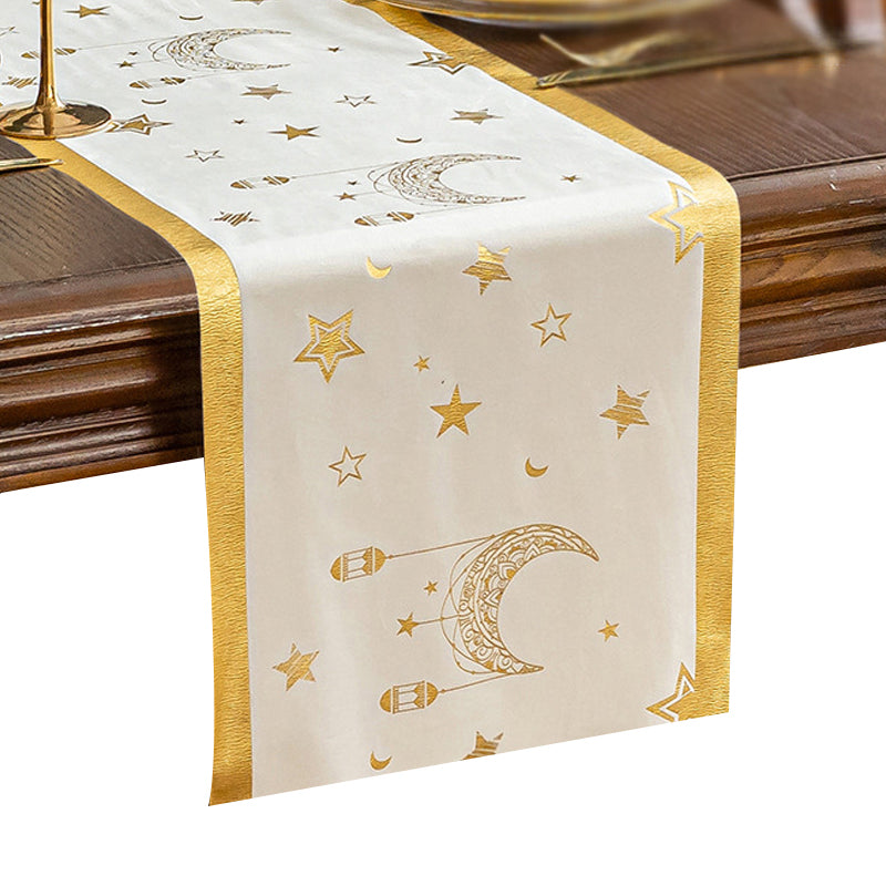 Atmospheric long decorative tablecloth ¨C velvet with gold foil embossing, ideal for party tables