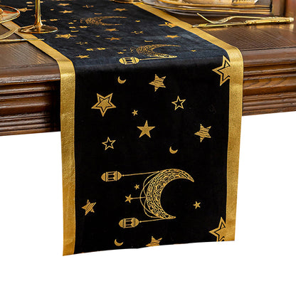 Atmospheric long decorative tablecloth ¨C velvet with gold foil embossing, ideal for party tables