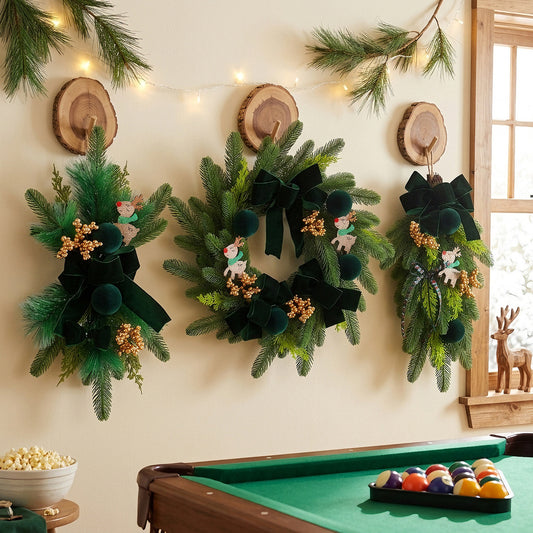 Christmas Wreath: Dark Green with Gold Berries and Reindeer ¨C Upside-Down Tree-Style Door Hanging ¨C Harvest Festival & Holiday Decoration