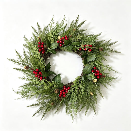 Christmas Wreath with Red Berries ¨C Artificial Pine Needle and Pine Cone Wreath for Window and Home Decor