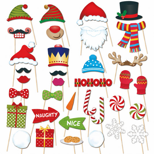 36-Piece Christmas-Themed Paper Photo Booth Prop Set ¨C Includes Santa Claus, Snowballs, and More (Handheld)