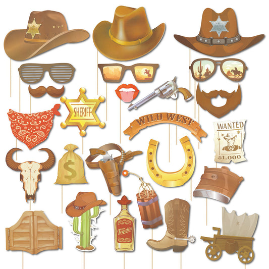Wild West Themed Birthday Party Decor ¨C 25-Piece Set of Cowboy-Style Photo Props and Glasses