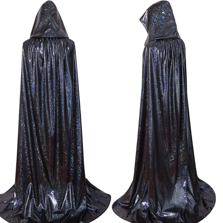 Long, hooded Halloween wizard cape with a glossy, iridescent finish
