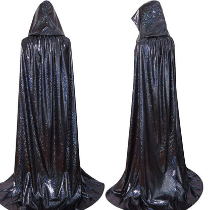 Long, hooded Halloween wizard cape with a glossy, iridescent finish