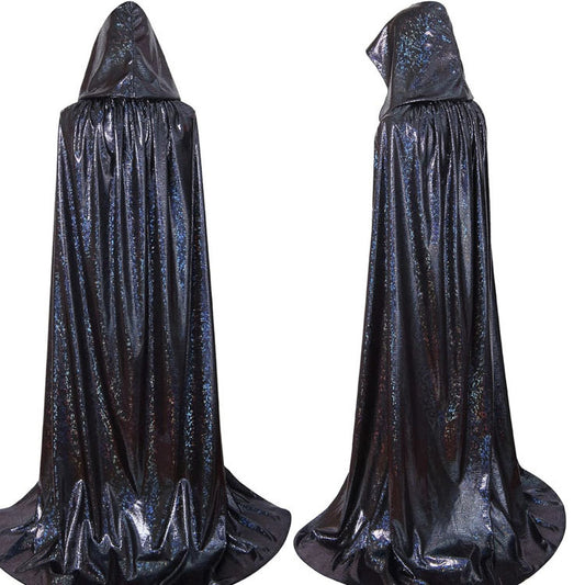 Long, hooded Halloween wizard cape with a glossy, iridescent finish
