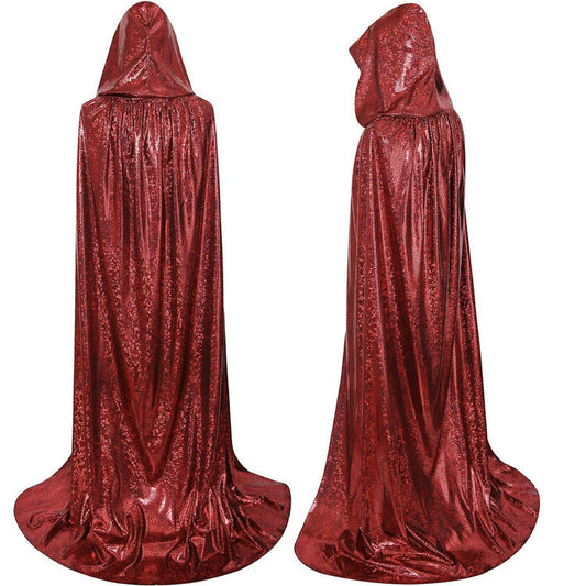 Long, hooded Halloween wizard cape with a glossy, iridescent finish