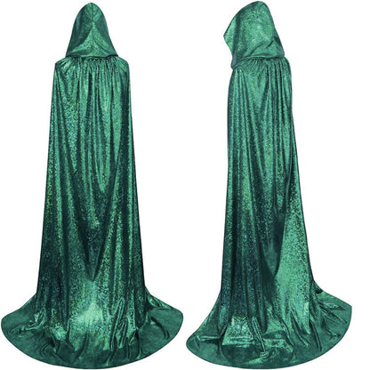 Long, hooded Halloween wizard cape with a glossy, iridescent finish