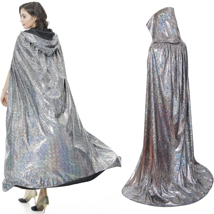 Long, hooded Halloween wizard cape with a glossy, iridescent finish