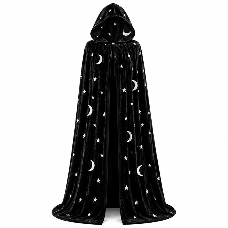 Star and Moon Print Gold Velvet Hooded Cape ¨C Matching Parent-Child Wizard/Magician Cloak for Halloween Cosplay
