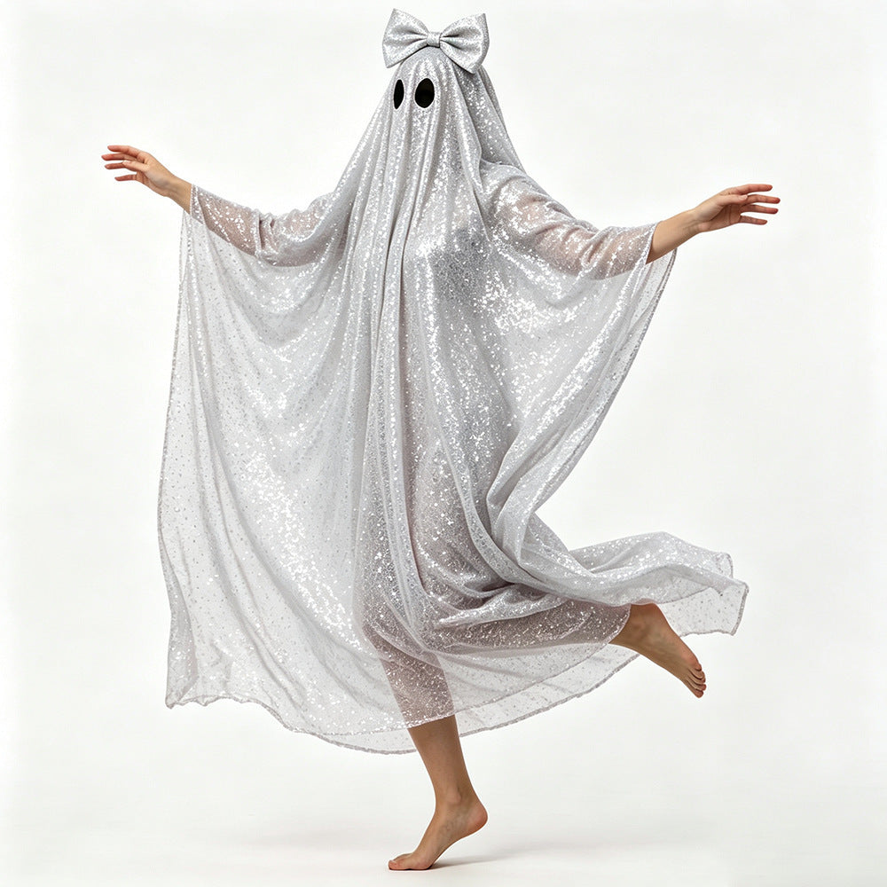 Halloween Costume: Pink Sequin Ghost Cape with Bow Headpiece ¨C Cosplay Outfit for Parties and Stage Performances