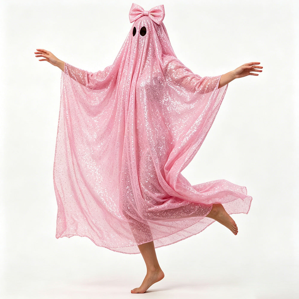 Halloween Costume: Pink Sequin Ghost Cape with Bow Headpiece ¨C Cosplay Outfit for Parties and Stage Performances