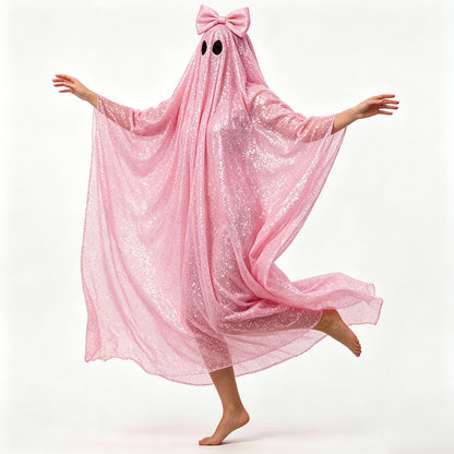 Halloween Costume: Pink Sequin Ghost Cape with Bow Headpiece ¨C Cosplay Outfit for Parties and Stage Performances