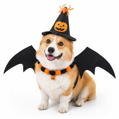 3-Piece Halloween Costume Set: Witch Hat, Spider & Pumpkin Hat, and Pom-pom Bell Collar with Bat Wings