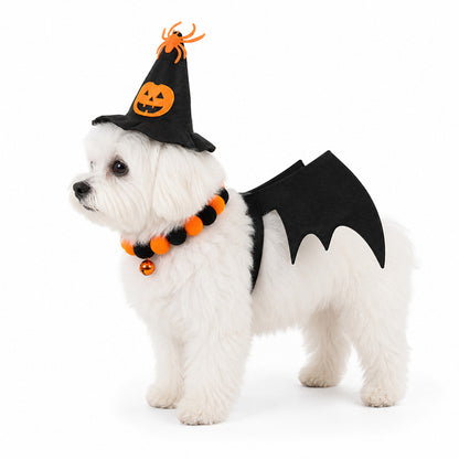 3-Piece Halloween Costume Set: Witch Hat, Spider & Pumpkin Hat, and Pom-pom Bell Collar with Bat Wings