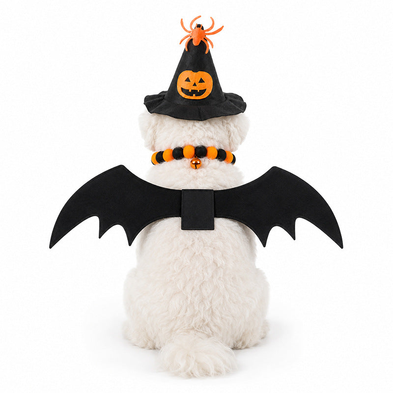 3-Piece Halloween Costume Set: Witch Hat, Spider & Pumpkin Hat, and Pom-pom Bell Collar with Bat Wings