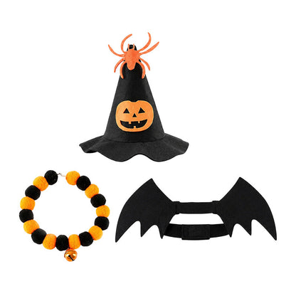 3-Piece Halloween Costume Set: Witch Hat, Spider & Pumpkin Hat, and Pom-pom Bell Collar with Bat Wings