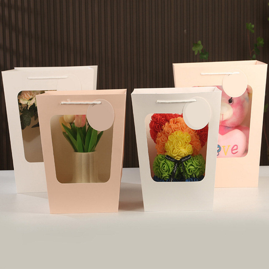 Valentine's Day Transparent Trapezoidal Gift Bag with Window ¨C Ideal for Potted Plants, Fresh Flowers, Party Favors, Birthday Dolls, and Display Packaging